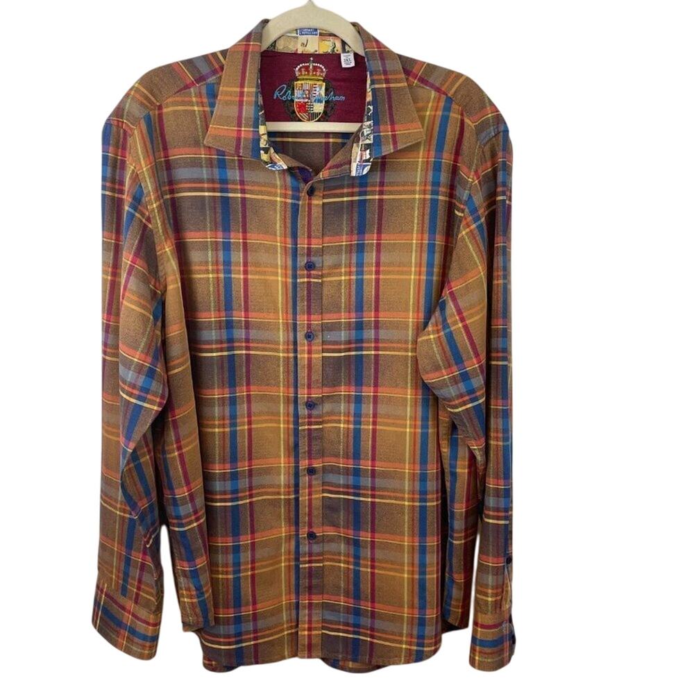 Robert Graham Plaid Shirt Champagne Print Contrast Men's Size 2XL